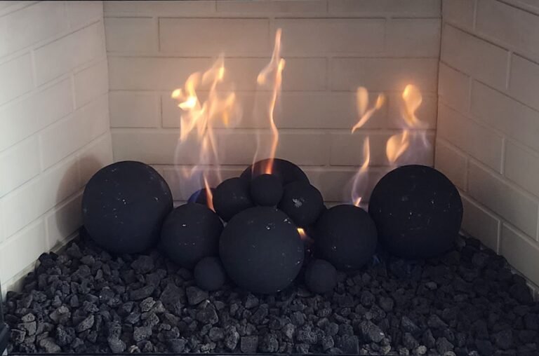 Projects gas fireplace repair and geosphere ball replacement with new lava rock in denton texas