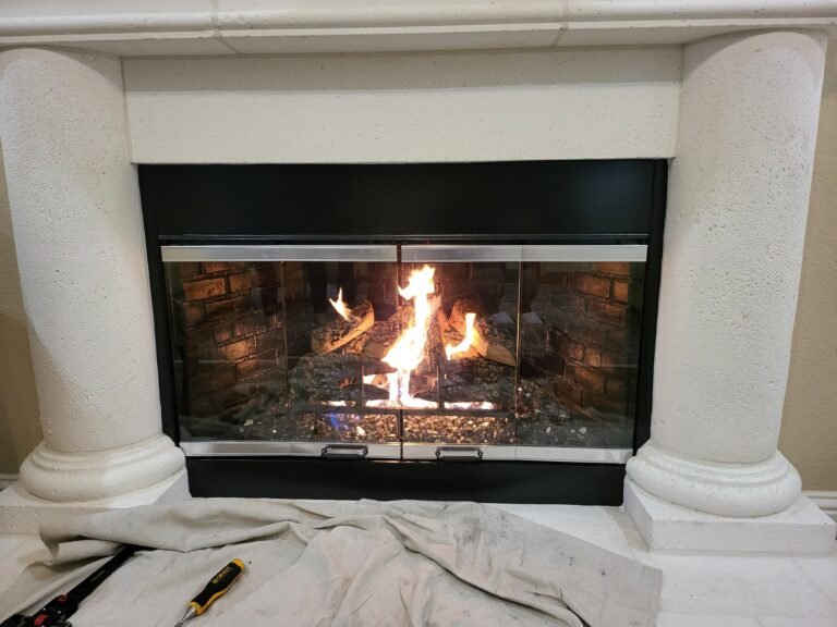 Projects gas logs replacement installation and custom glass doors in Plano Texas