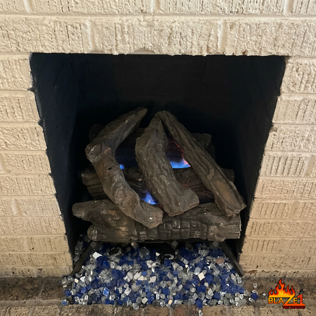 gas fireplace repaired, cleaned and serviced added blue and white fire glass in Fort Worth Texas