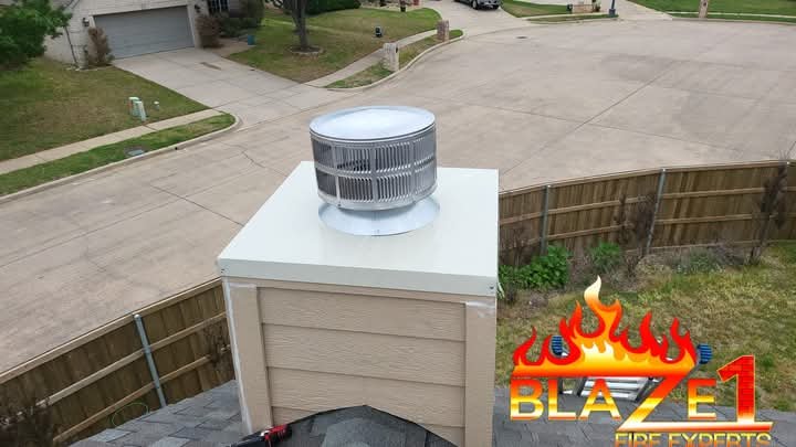 Projects chimney pan cover with new spark arrestor replacement install in frisco texas