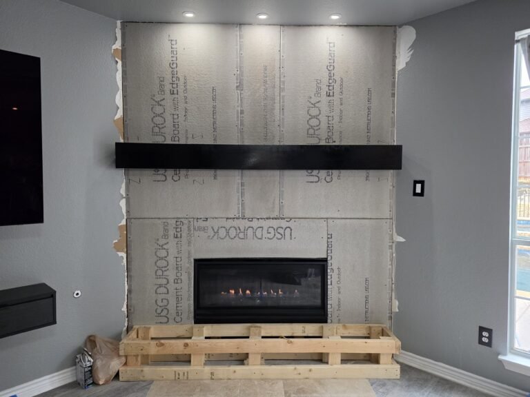 Projects fireplace facing and unit installation and remodel in Plano Texas