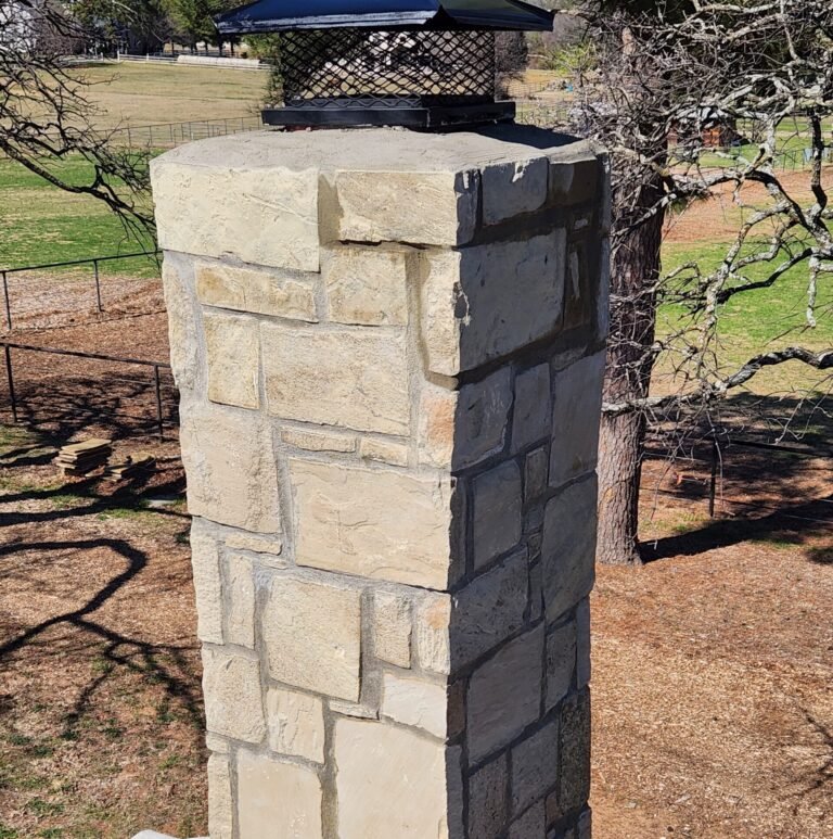 Projects chimney stack rebuild and flue installation with new cap in Denton Texas