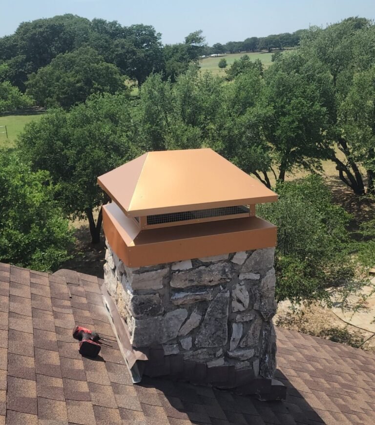 Projects custom gold stainless steel chimney cap replacement installation in Fort worth texas