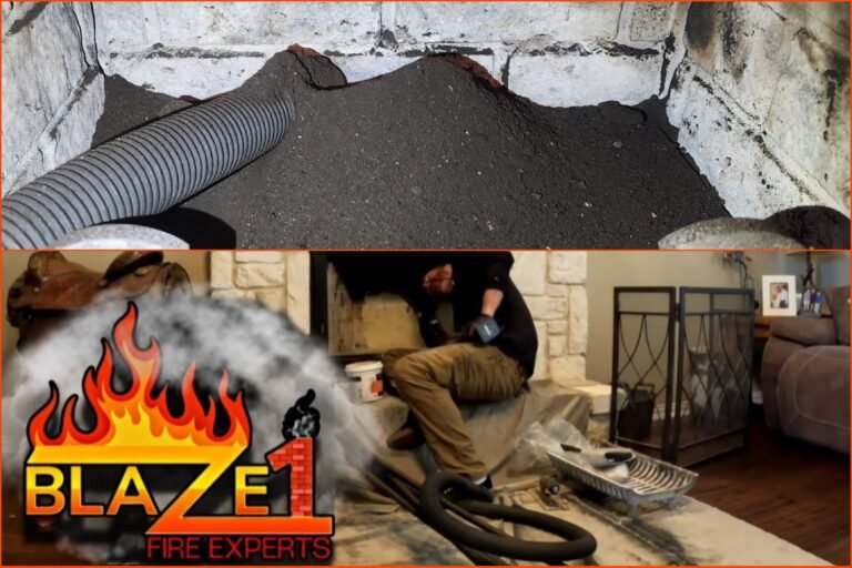 Projects wood burning fireplace with chimney technician cleaning and performing service to fireplace in Fort Worth Texas