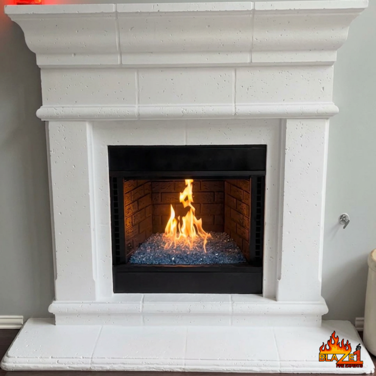 gas fireplace fire glass mod kit conversion with blue fire glass Highland Village Texas