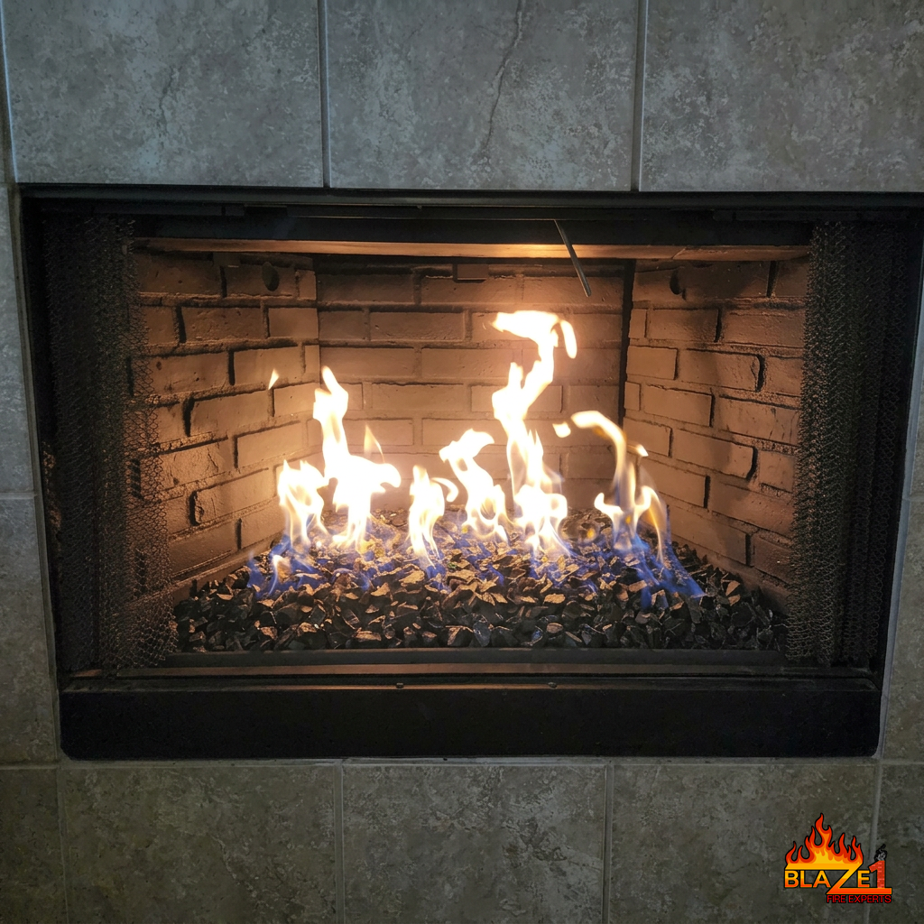 Gas fireplace repair with new fire glass and burner installed in McKinney Texas